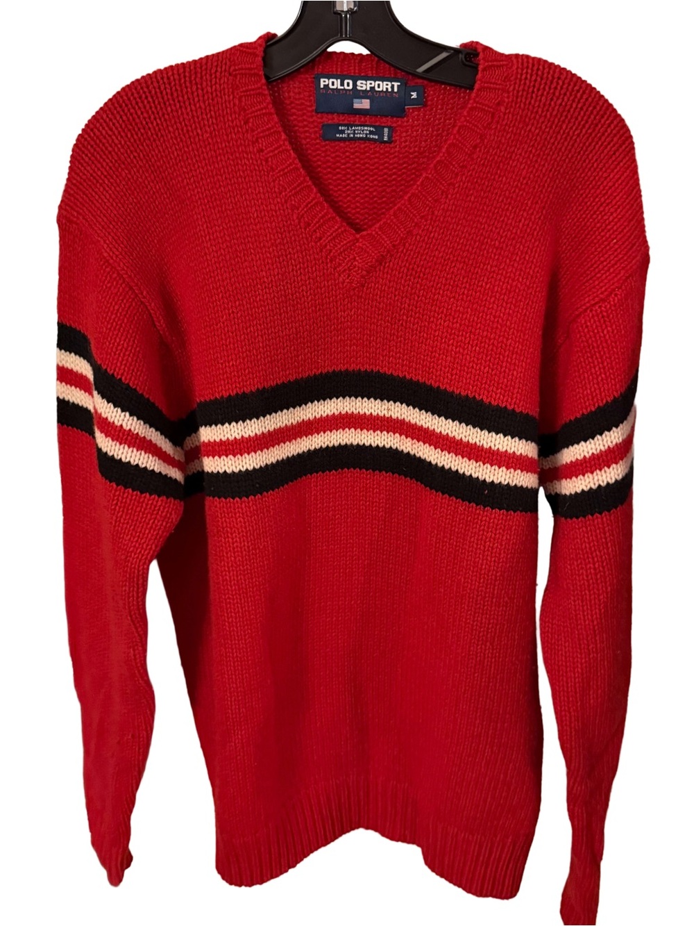 Ralph Lauren Polo Sport VTG Lambswool Blend V-Neck Sweater Red W/stripes Sz M